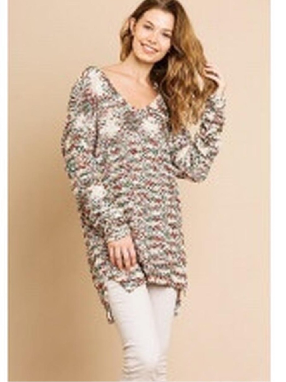 Umgee V-Neck Multicolor Confetti Knit Sweater. Size XL